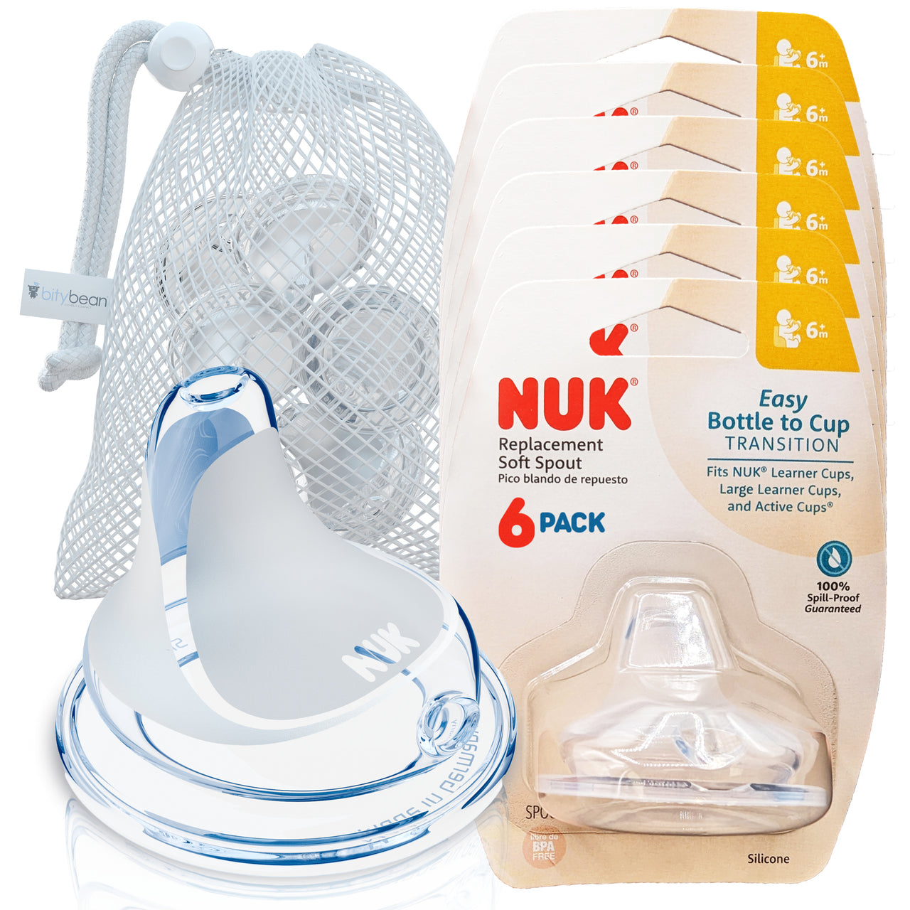 NUK Nipple Replacement Spouts, Clear Silicone, Pack of 6 with Dishwasher Safe Mesh Bag - Fits NUK Learner, NUK Active, NUK Sippy Cup and NUK Bottle BPA Free